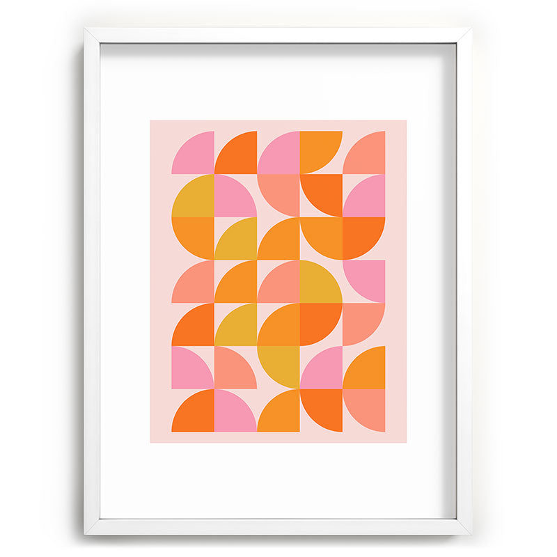Mid Century Mod Geometry in Pink and Orange Framed Art Print