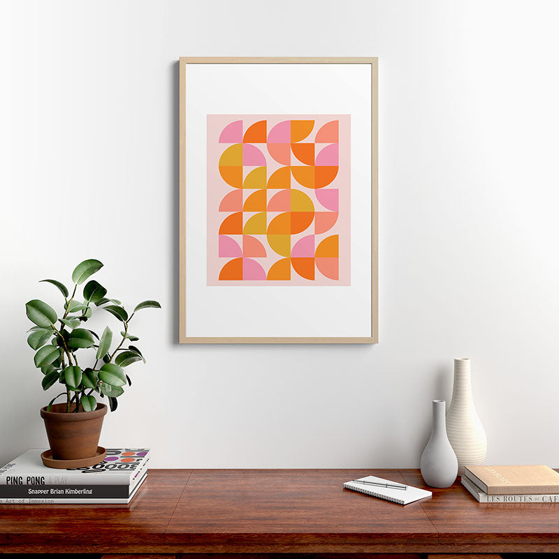 Mid Century Mod Geometry in Pink and Orange Framed Art Print