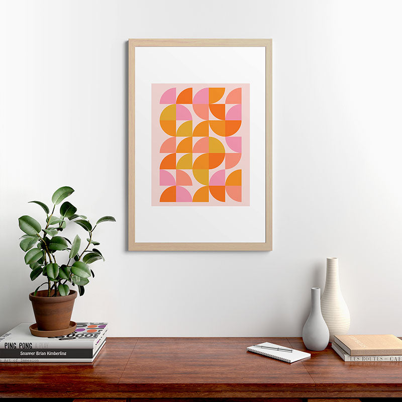Mid Century Mod Geometry in Pink and Orange Framed Art Print