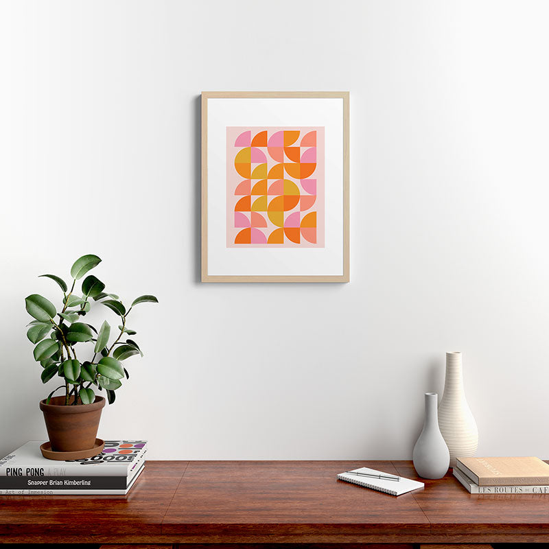 Mid Century Mod Geometry in Pink and Orange Framed Art Print