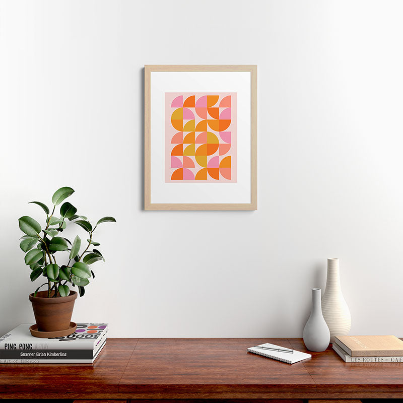 Mid Century Mod Geometry in Pink and Orange Framed Art Print