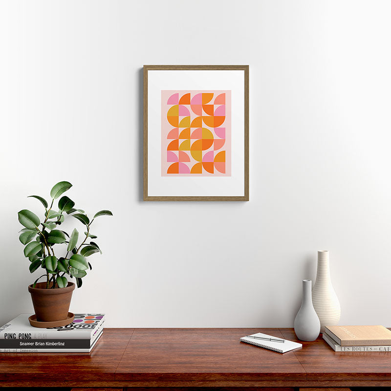 Mid Century Mod Geometry in Pink and Orange Framed Art Print