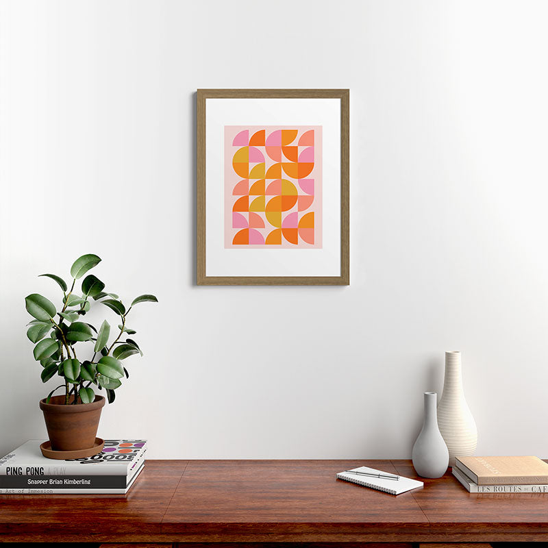 Mid Century Mod Geometry in Pink and Orange Framed Art Print